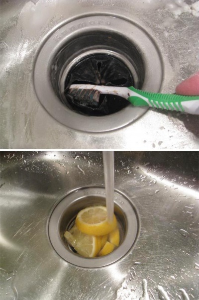 Lemon + Baking Soda + Vinegar + Tooth brush = Clean Sink