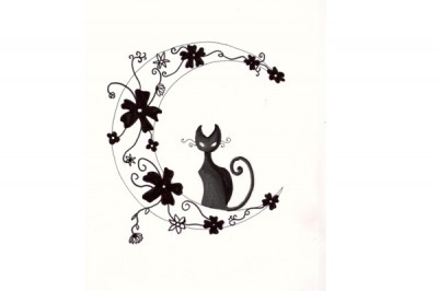 Cat and Flowers Tattoo Design
