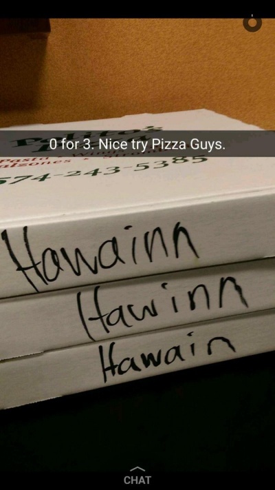 Pizza Guy - 0, Hawaiian Pizza - 3