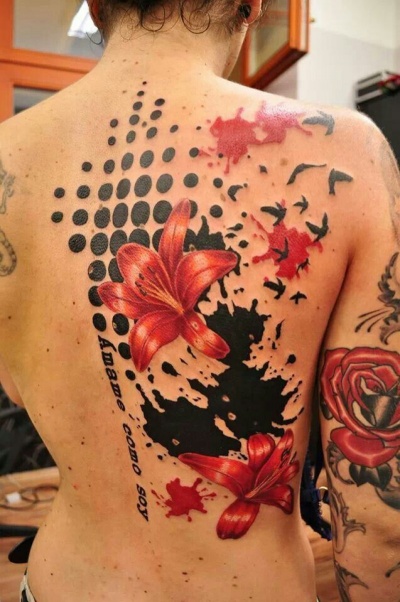 Another Trash Polka Tattoo On Back And Hands