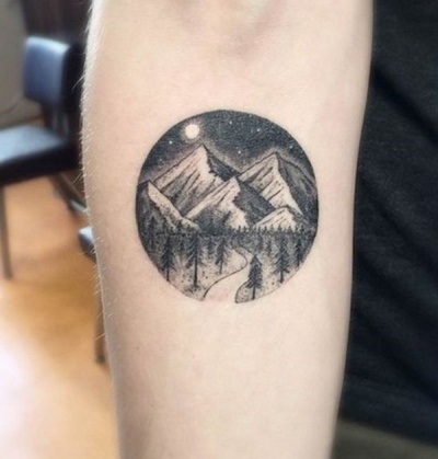 Moon, Stars, Trees, Night Sky, And Mountains